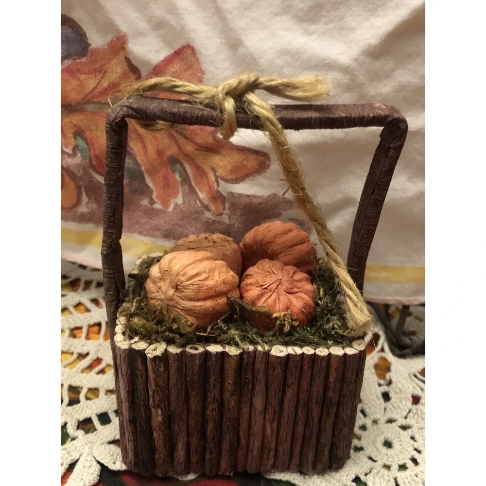 Pier 1 Imports Fall Decor Paper Mache Pumpkins Wood Stick Basket 4